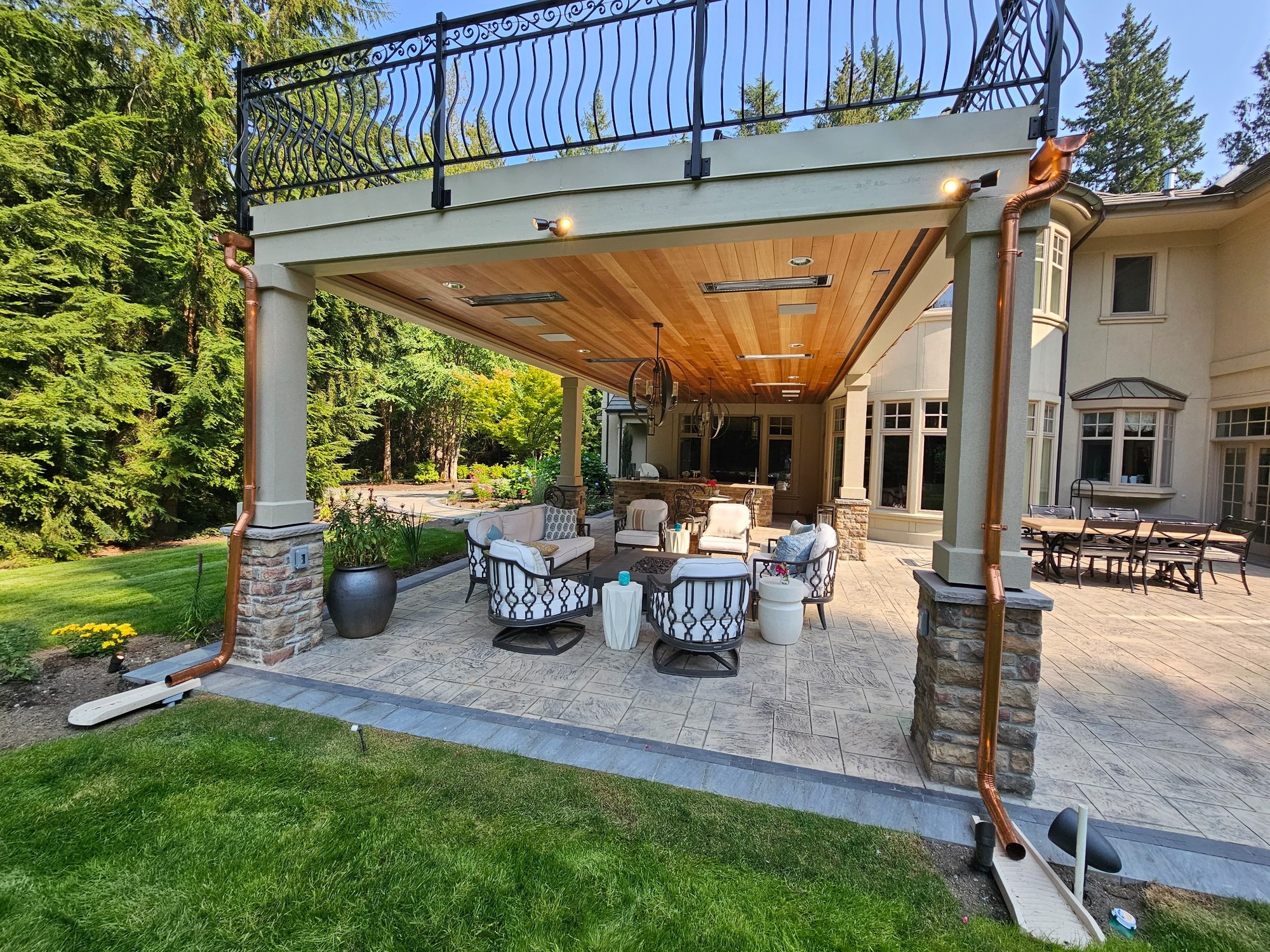 Covered Outdoor Living Space - Stone Columns & Custom Patio Construction